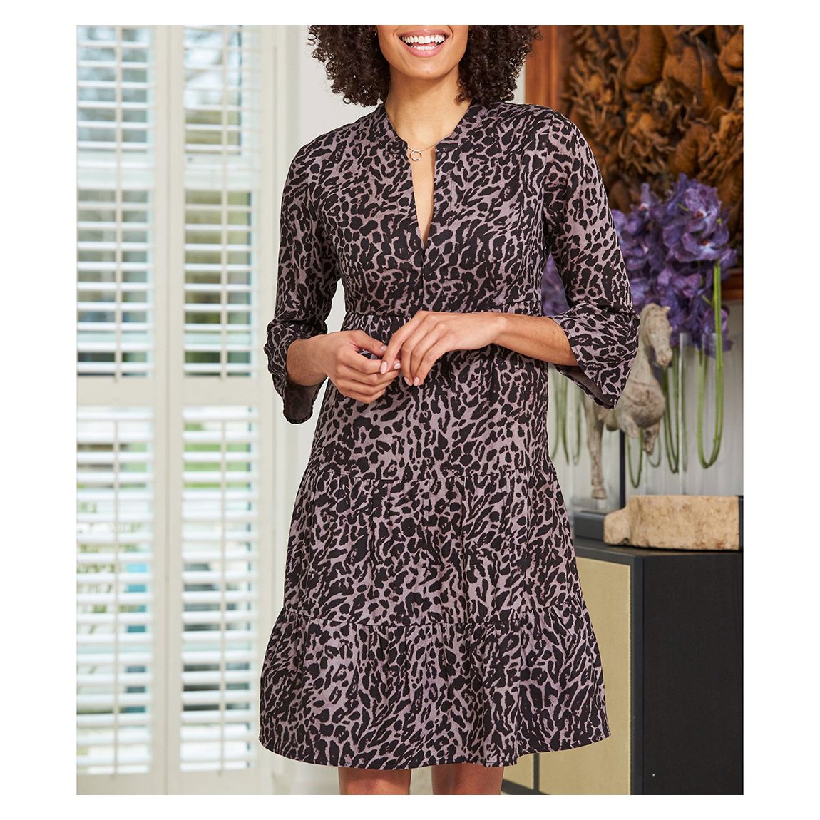 Grey Animal Print Fluted Sleeve Shift Dress main product photo