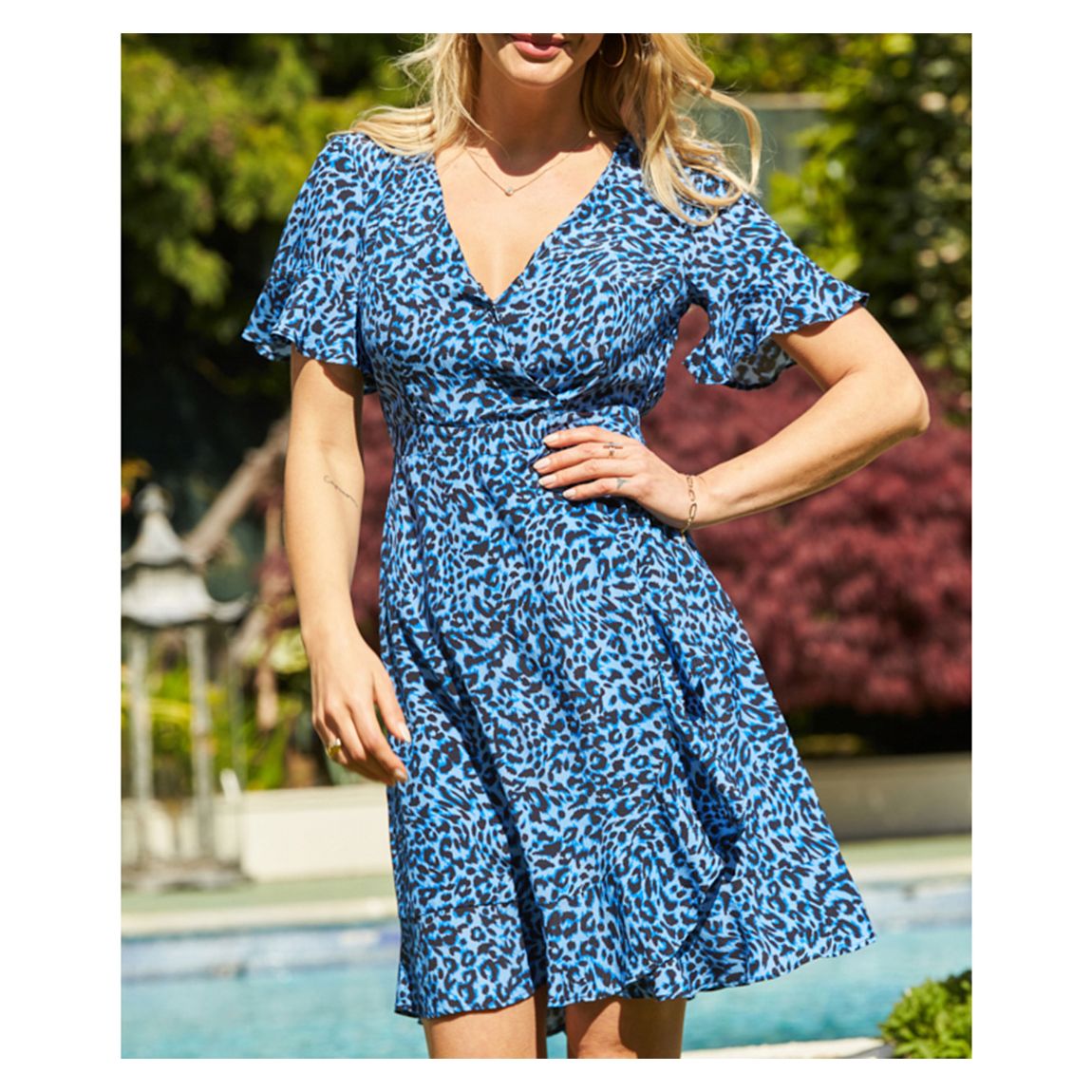 Blue Leopard Print Angel Sleeve Wrap Dress main product photo