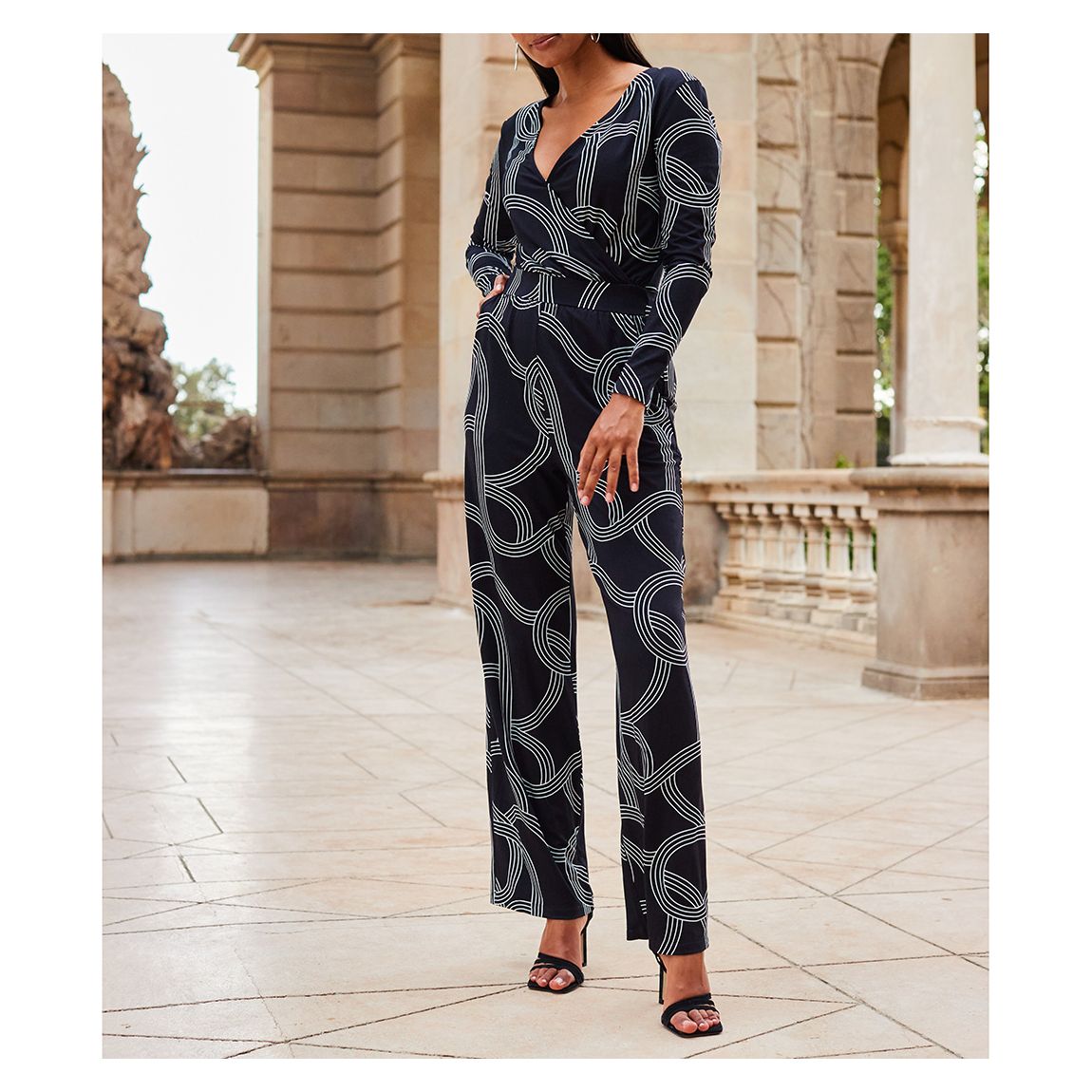 Black Geometric Print Faux Wrap Front Jumpsuit main product photo