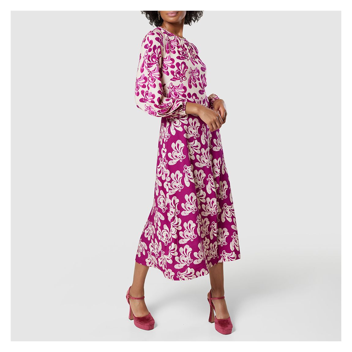 Purple Printed Gathered Neck Midi Dress main product photo