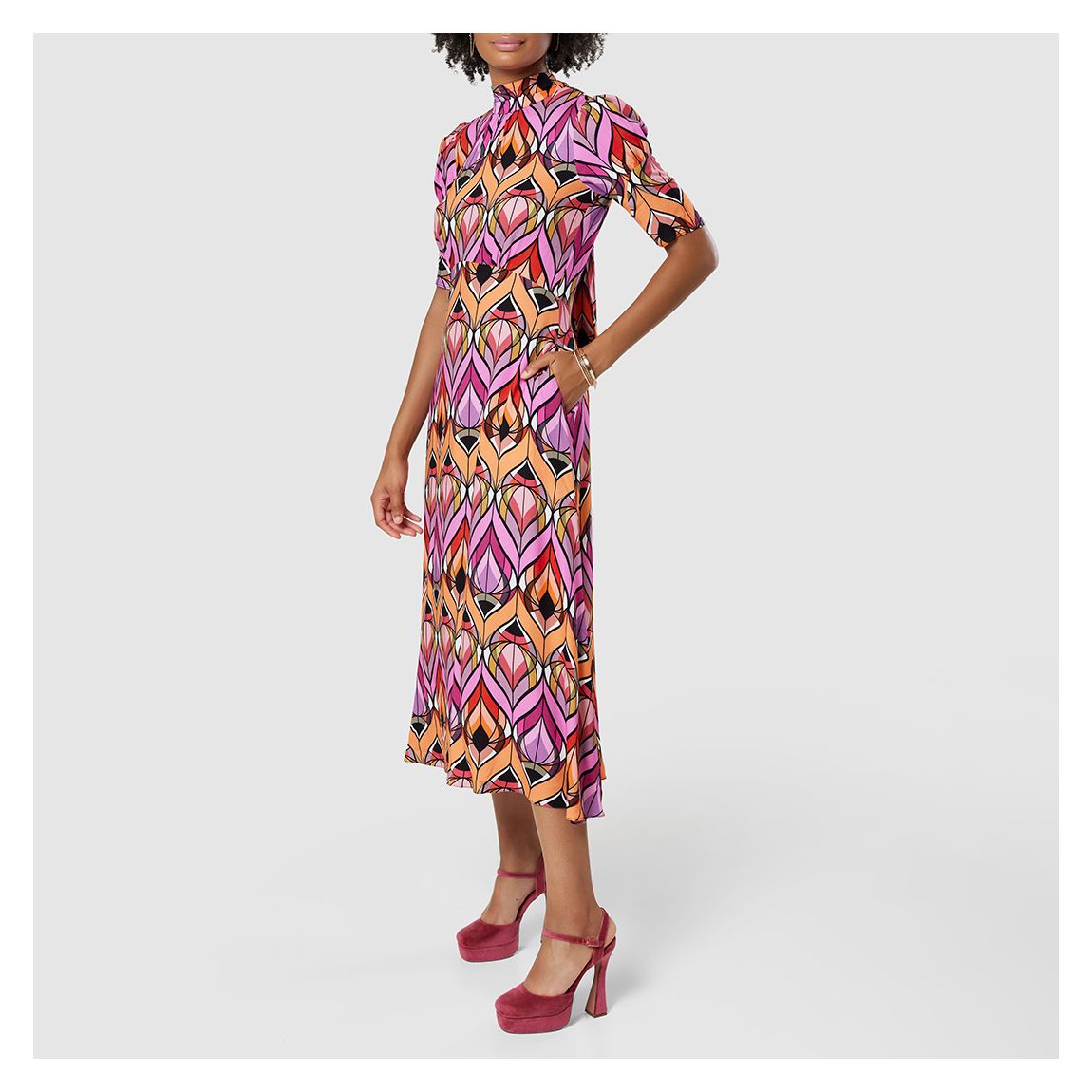 Pink Printed Tie Back A-Line Midi Dress main product photo