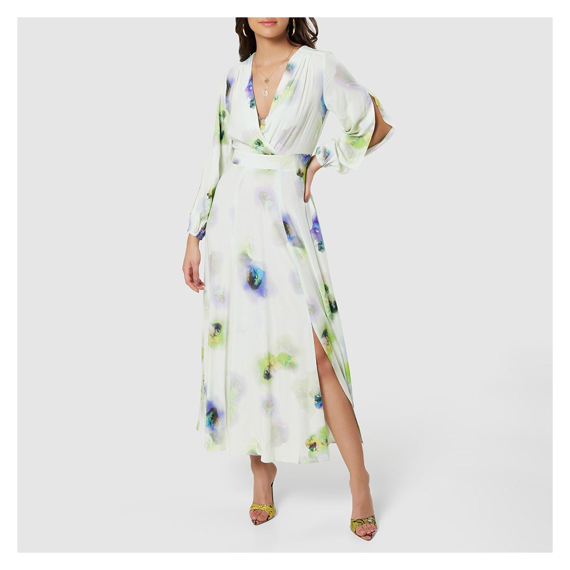 Ecru Floral Print A-Line Midi Dress main product photo