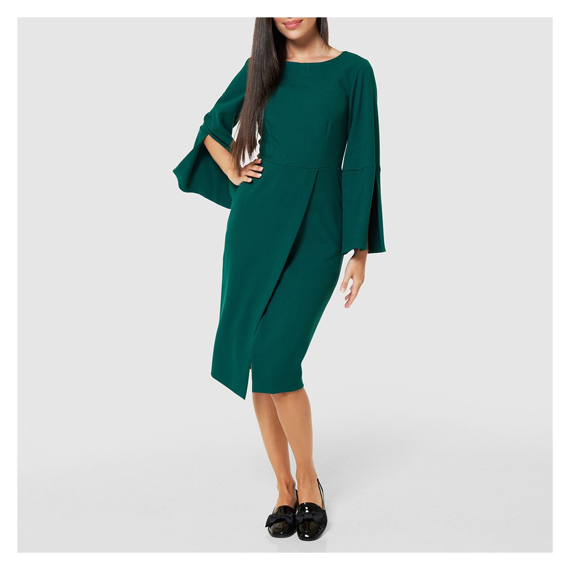 Dark Green Flared Sleeve Pencil Midi Dress main product photo