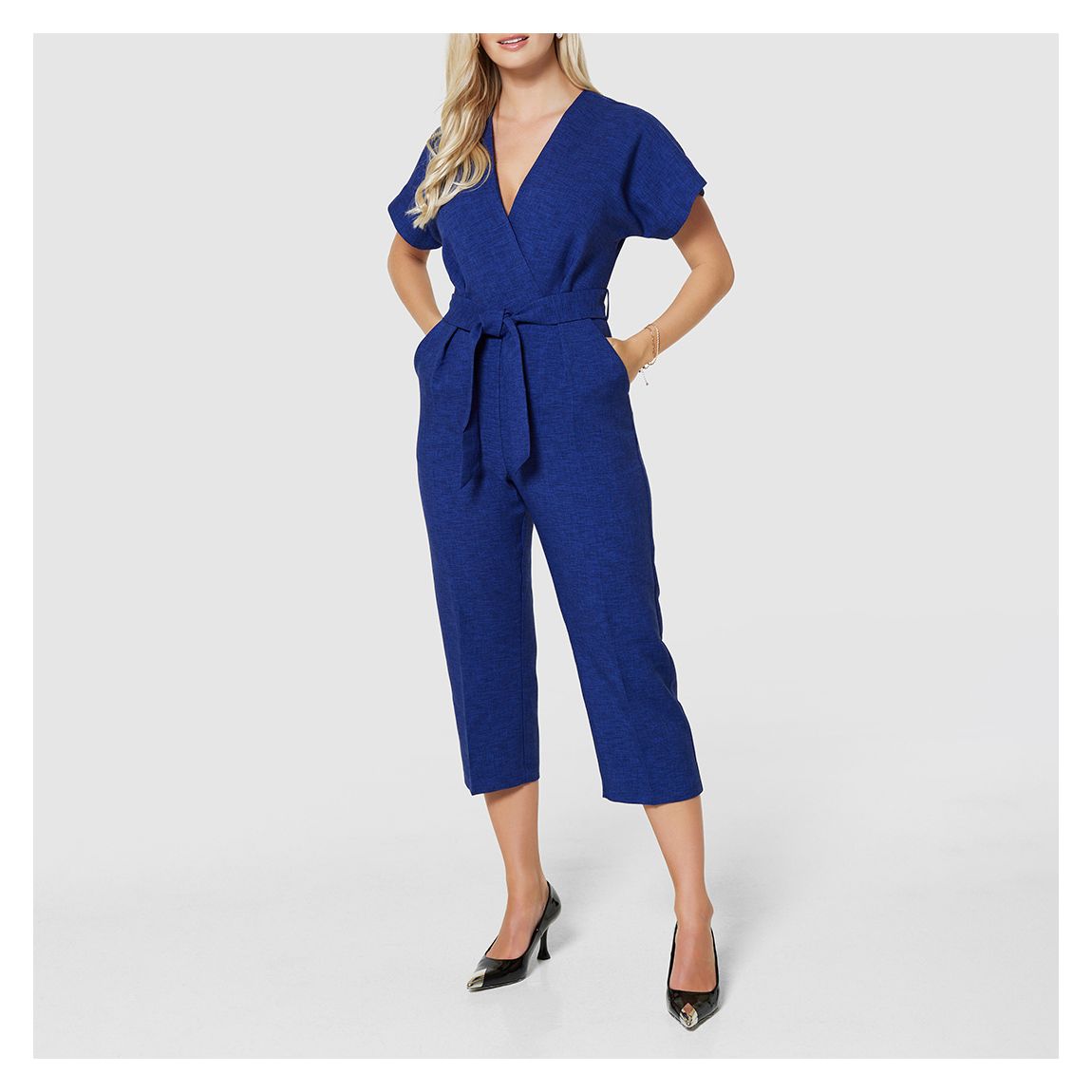Navy Blue Wrap Neck Cropped Jumpsuit main product photo