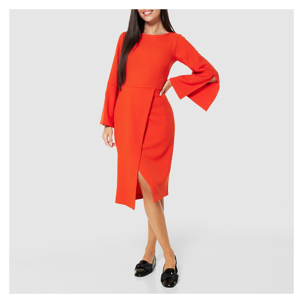 Orange Flared Sleeve Pencil Midi Dress main product photo