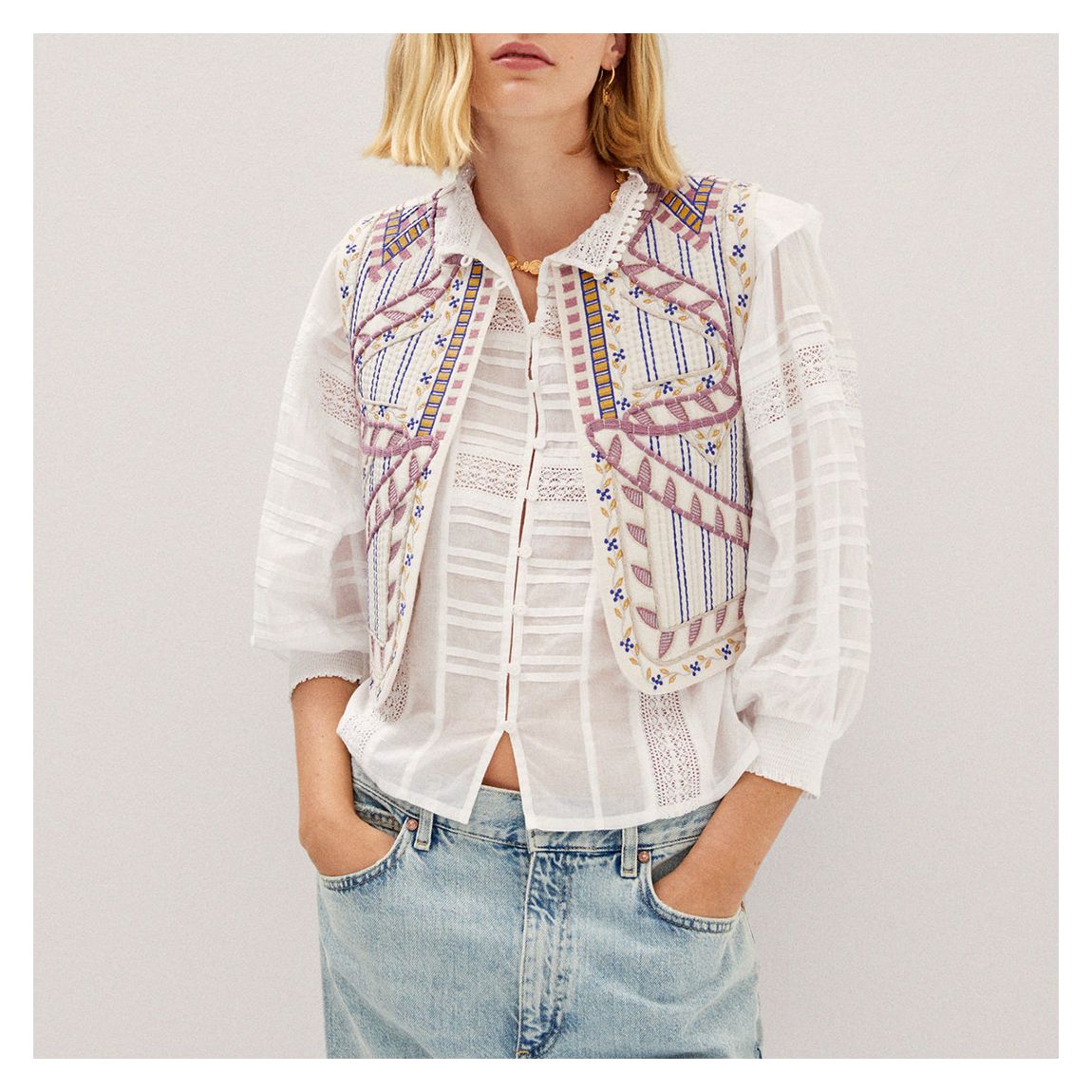 Ecru Embroidered Quilted Cotton Gilet main product photo