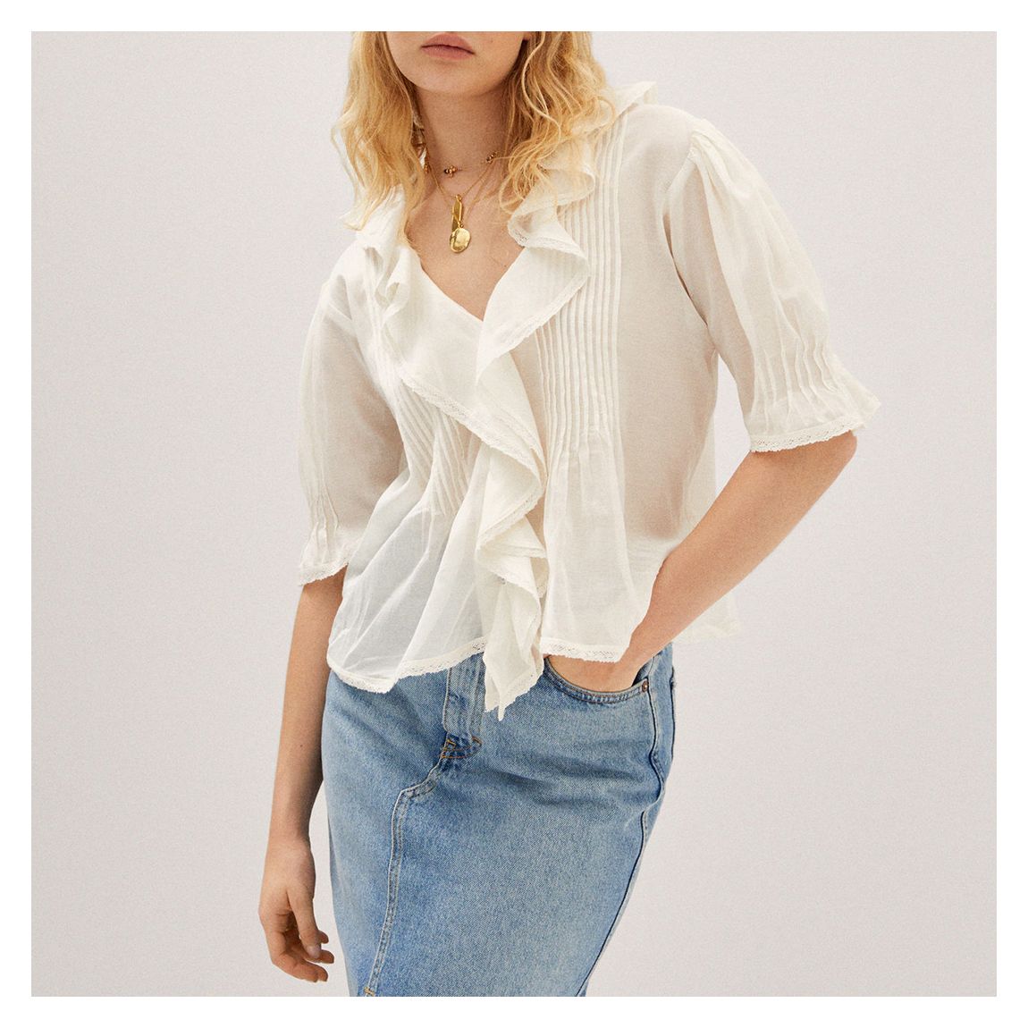 Cream Ruffled Cotton Blend Blouse main product photo