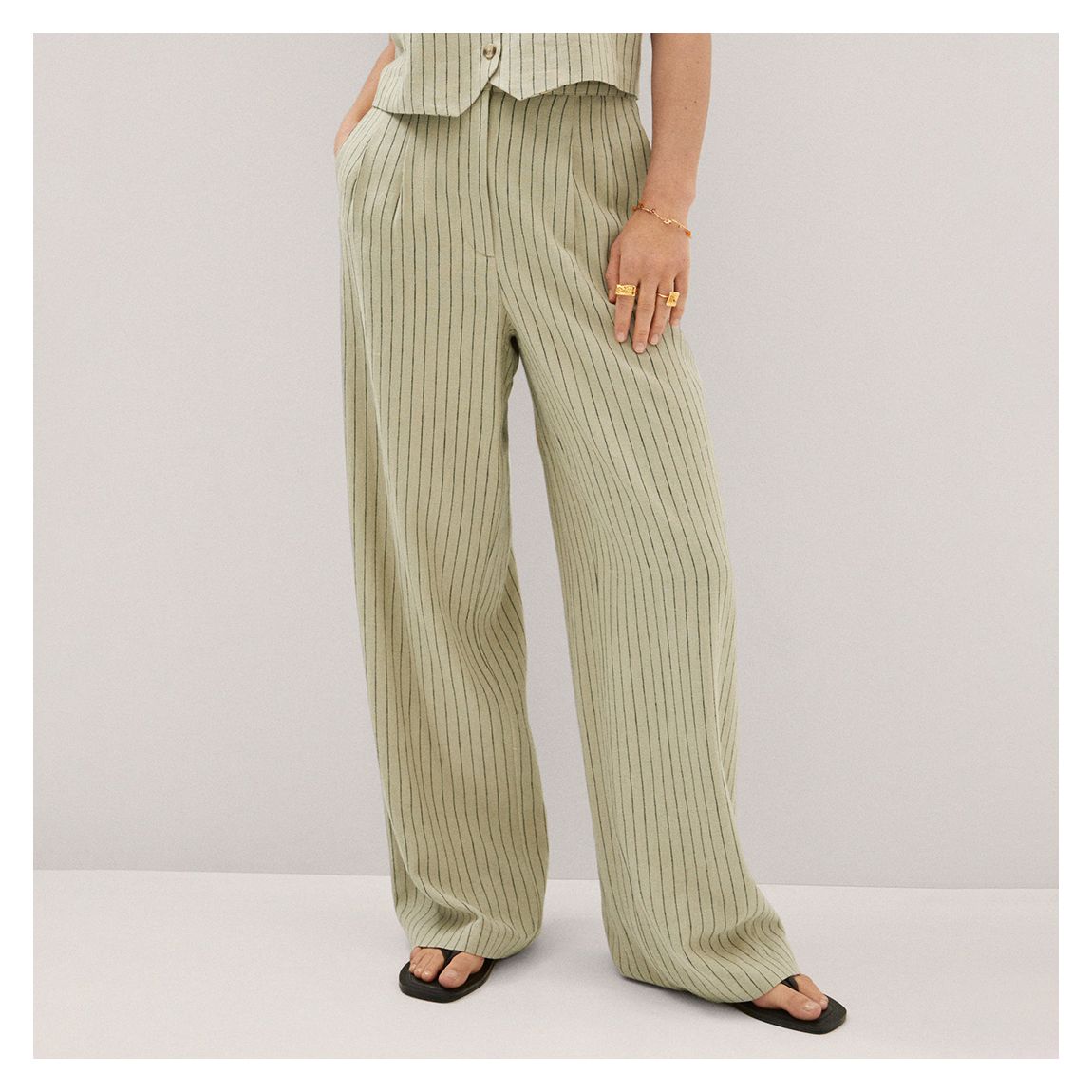 Pastel Green Pinstripe Linen Blend Trousers main product photo