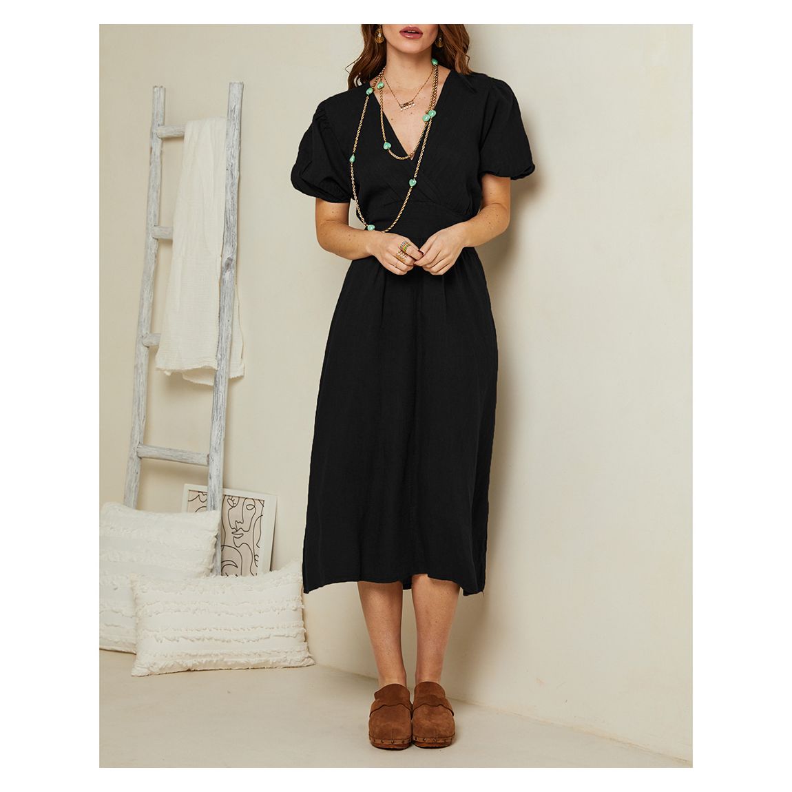 Black V-neck Linen Dress main product photo