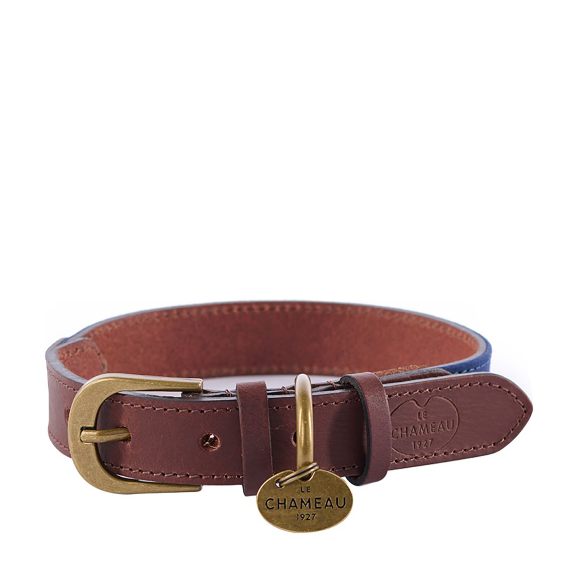Large Waxed Cotton/Leather Dog Collar, Bleu Foncé main product photo