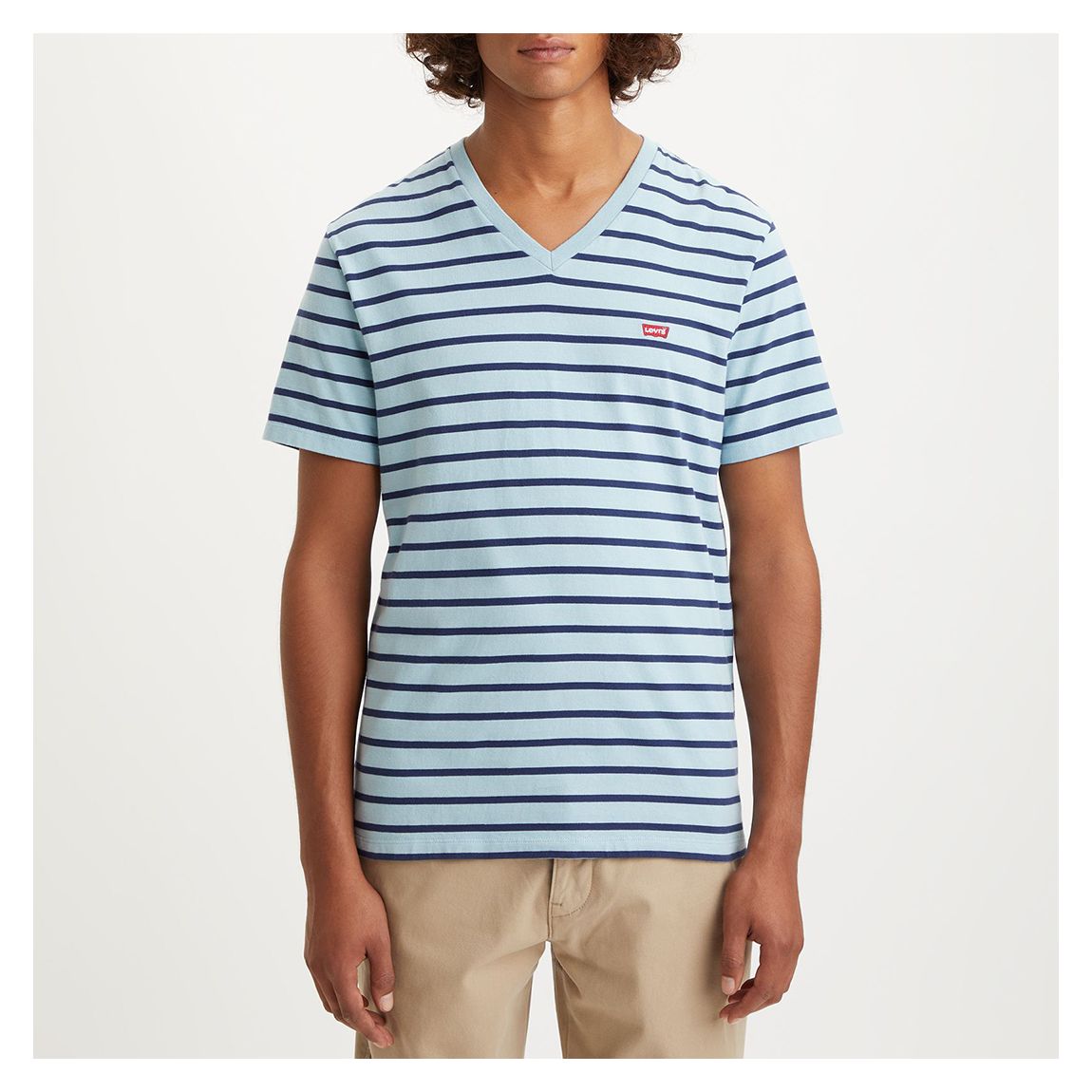 Pale Blue V-Neck Stripe Cotton T-Shirt main product photo