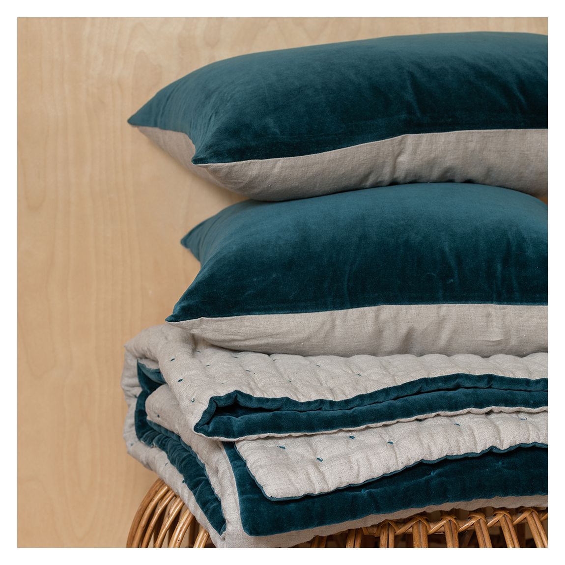 Velvet Linen Rectangular Cushion, Lomond Teal & Natural Linen main product photo