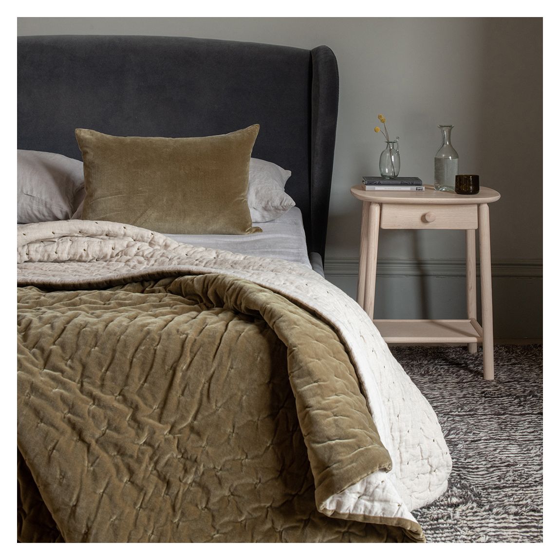 Velvet Linen Rectangular Cushion, Green Bark & Natural Linen main product photo