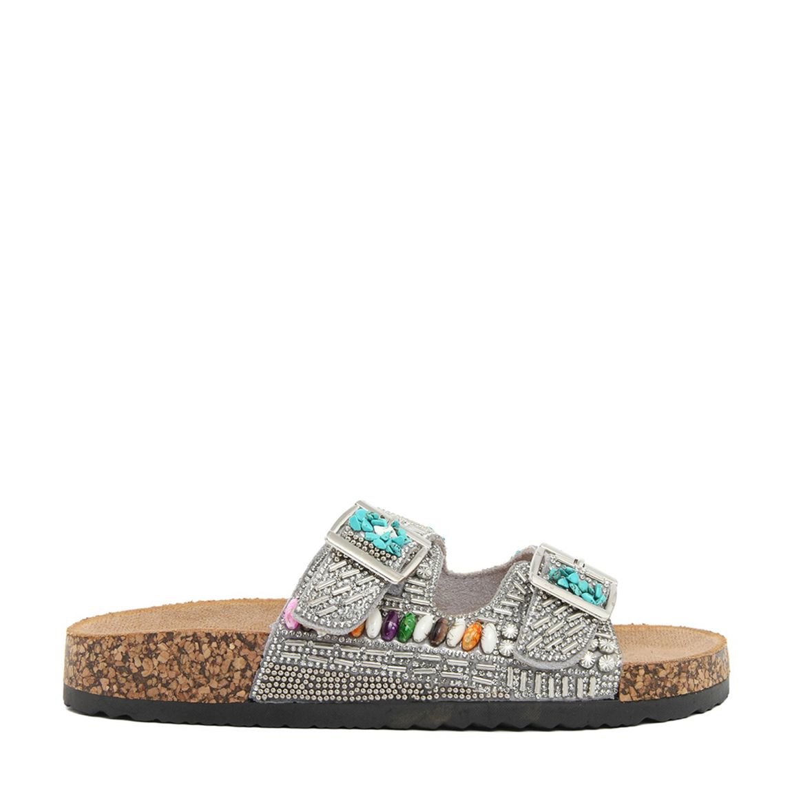 Silver Beaded Double Band Cork Flat Sandals main product photo