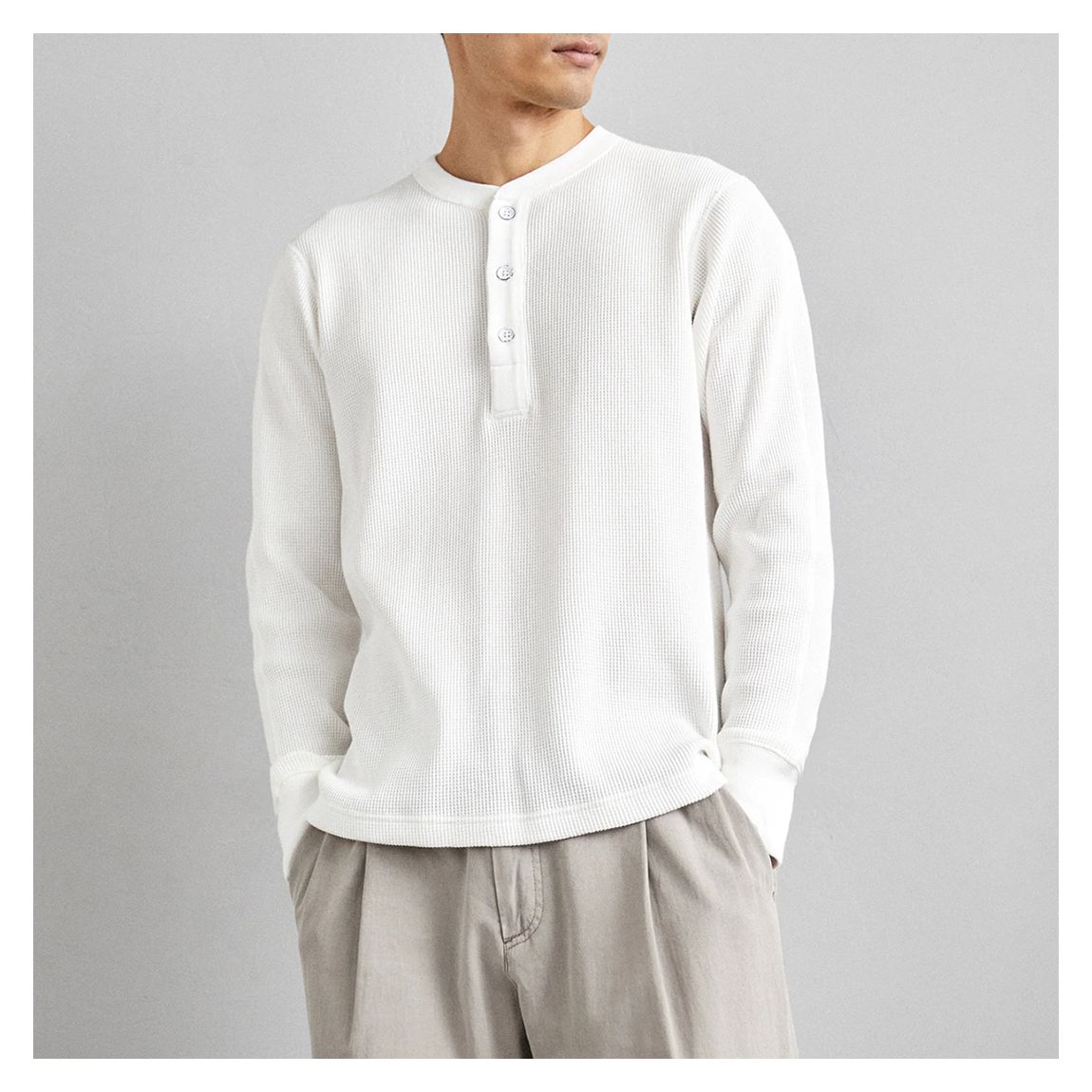 White Henley Waffle Long Sleeve Top main product photo