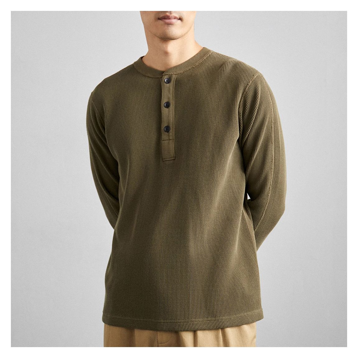 Khaki Henley Waffle Long Sleeve Top main product photo