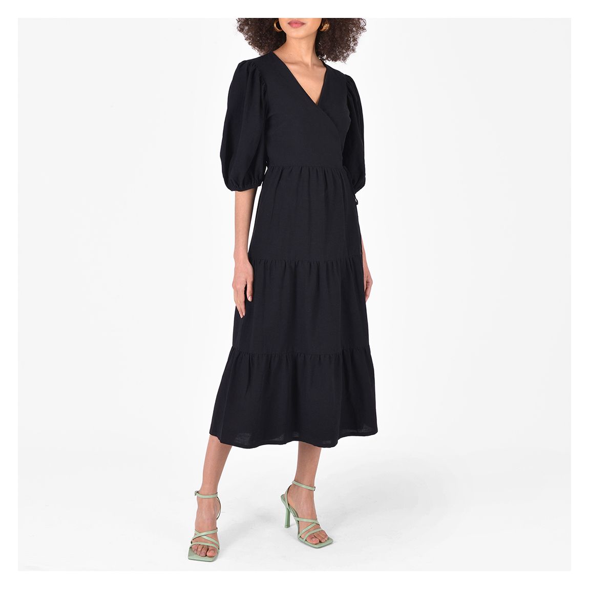 Black Wrap Cotton Linen Blend Dress main product photo
