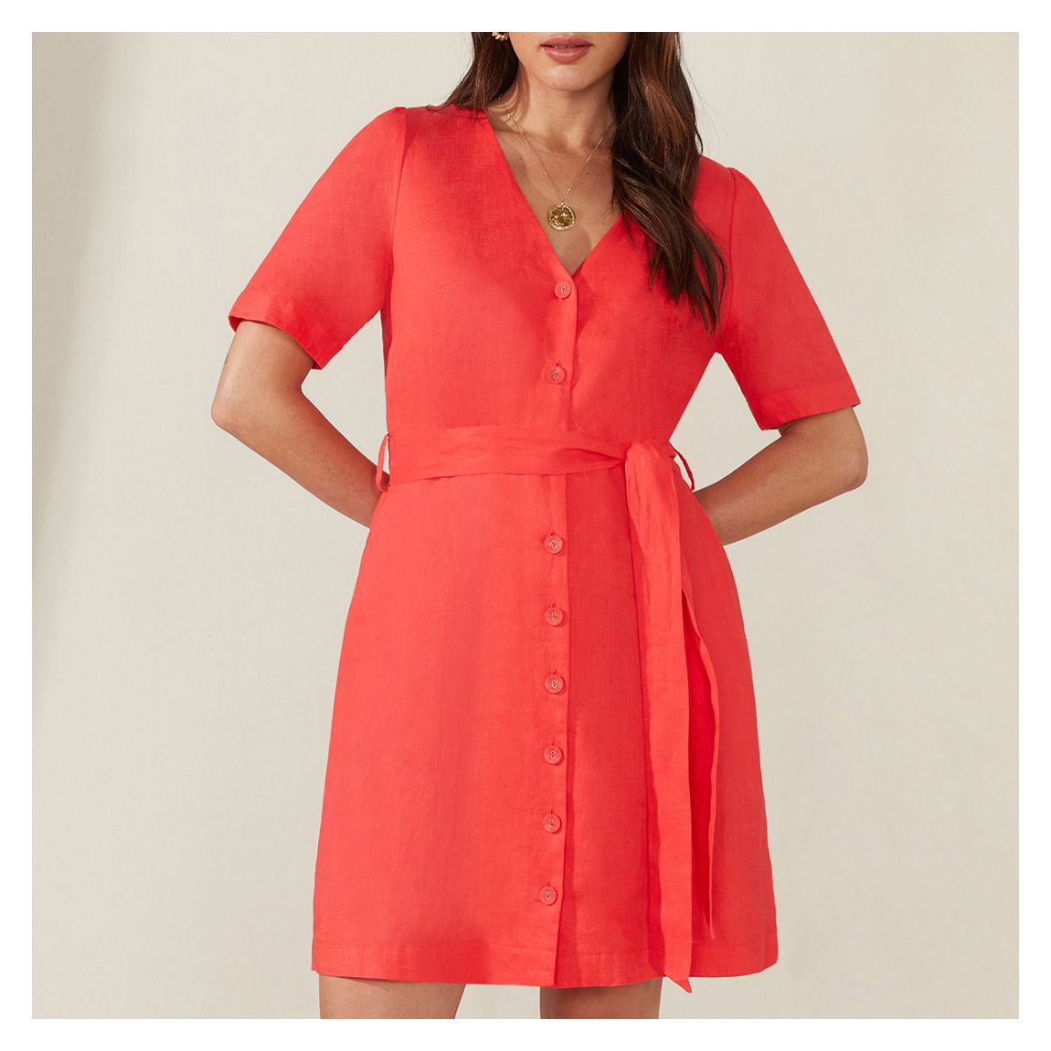Coral Button Front Linen Mini Dress main product photo