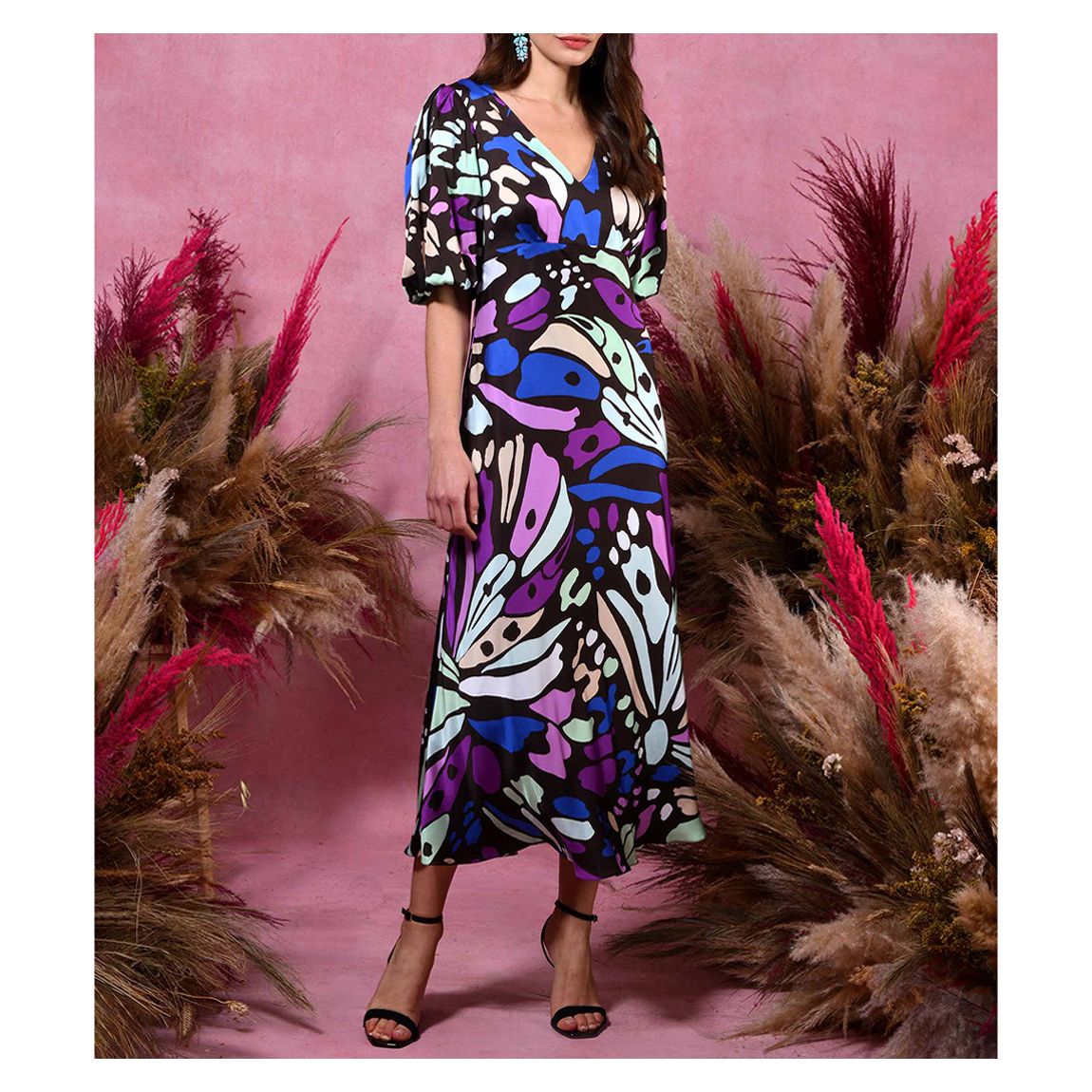 Multi Evora Butterfly Print Bias Midi Dress main product photo