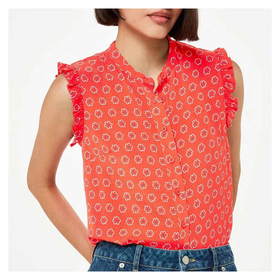 Red Flower Charm Frill Sleeve Top main product photo