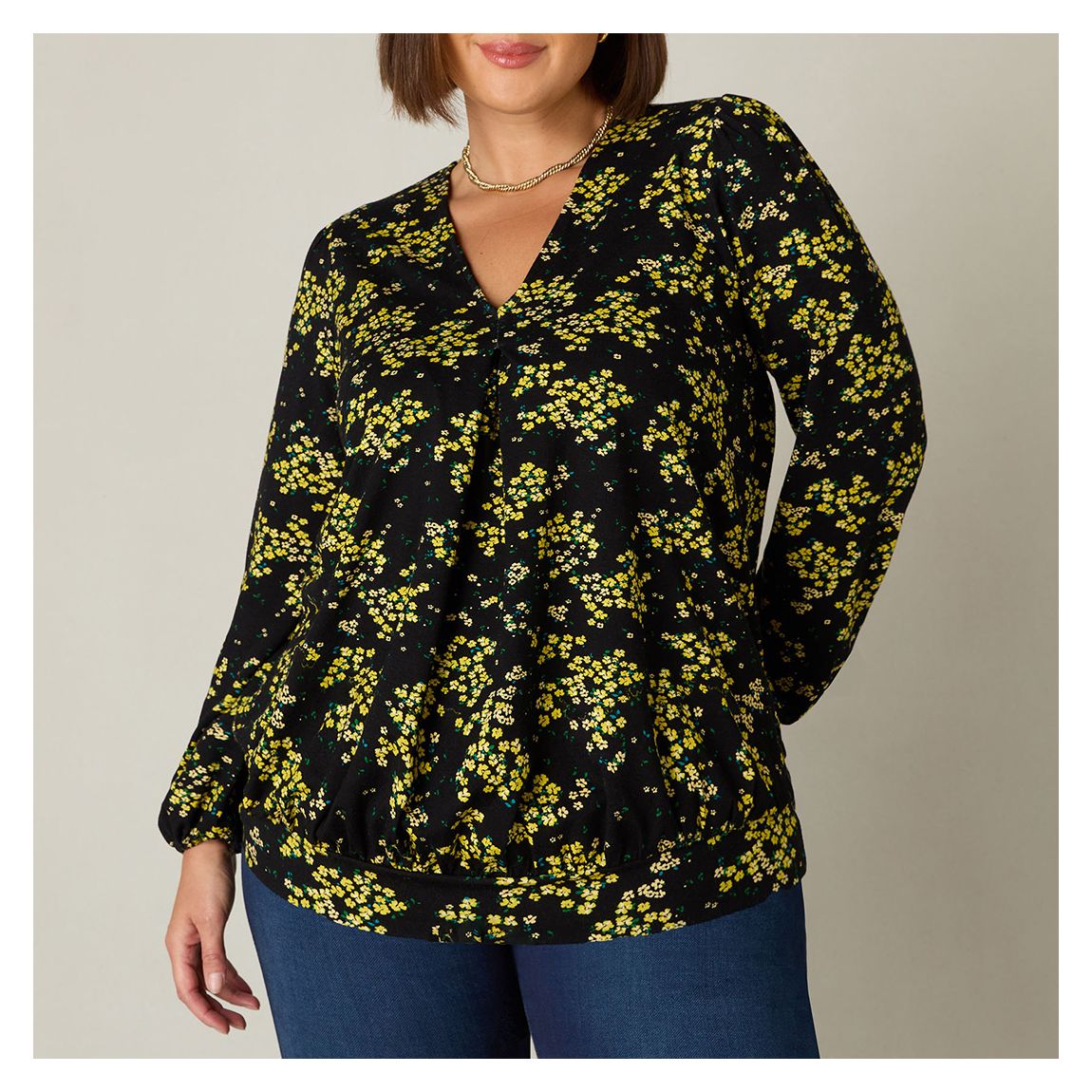 Yellow Ditsy Print Jersey Pleat Front Top main product photo