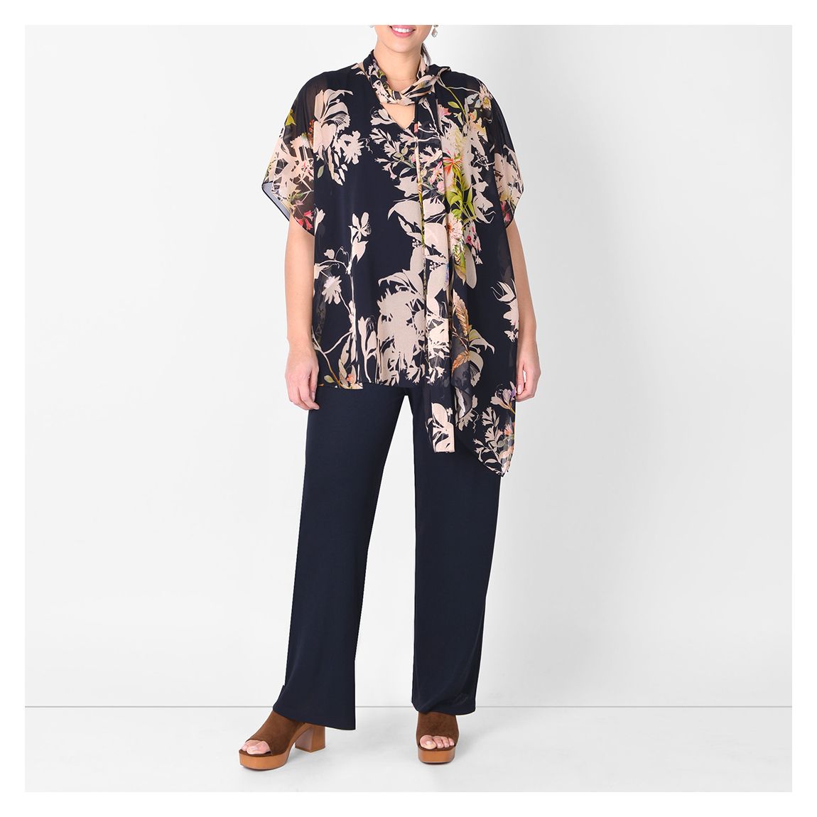 Black/Stone Floral Print Tie Neck Kaftan Top main product photo