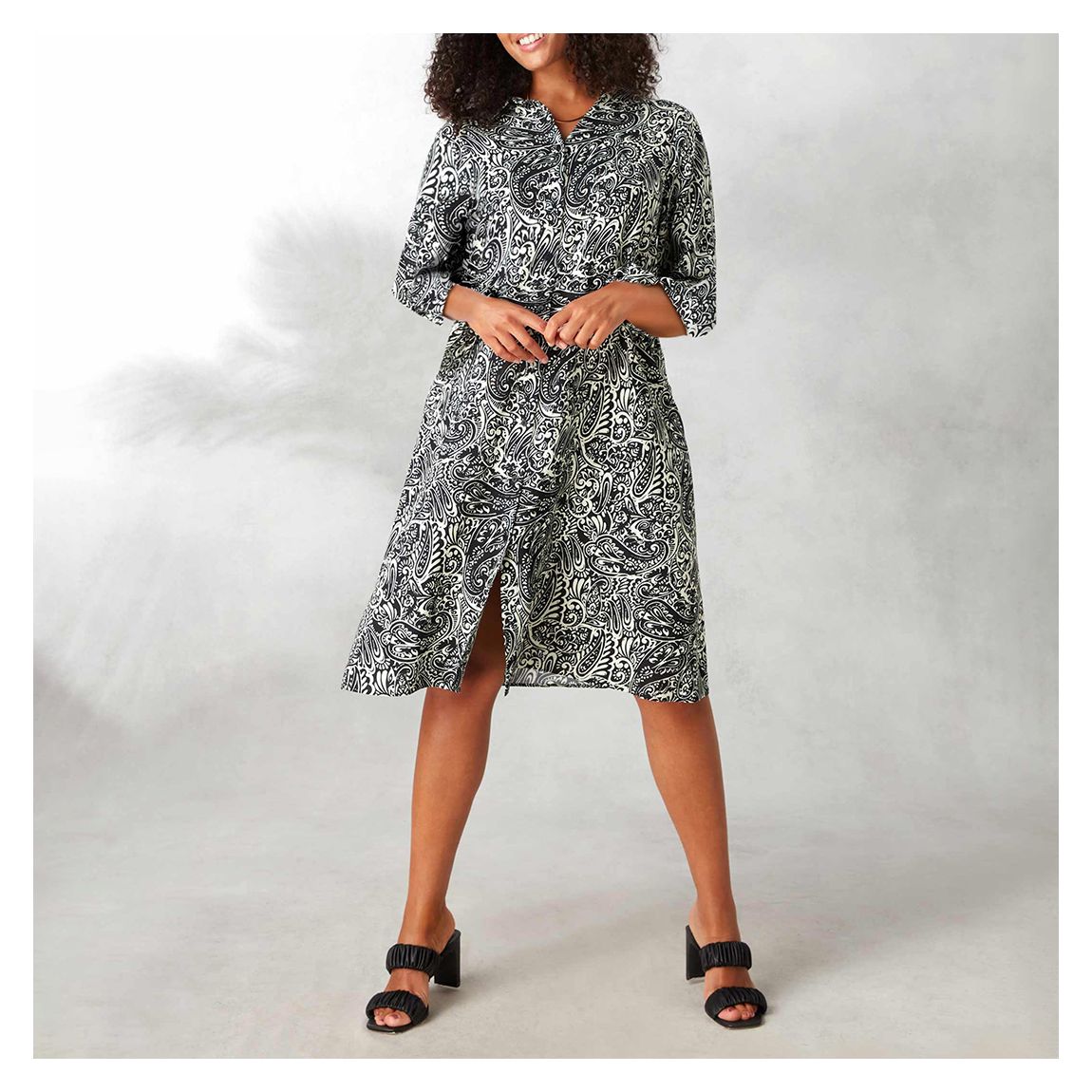 Black/Ivory Paisley 3/4 Length Sleeve Shirt Dress main product photo