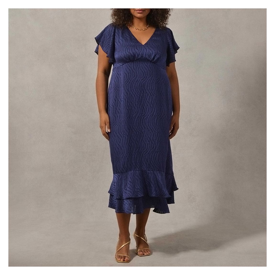 Navy Leaf Burnout Tiered Angel Sleeve Dress main product photo