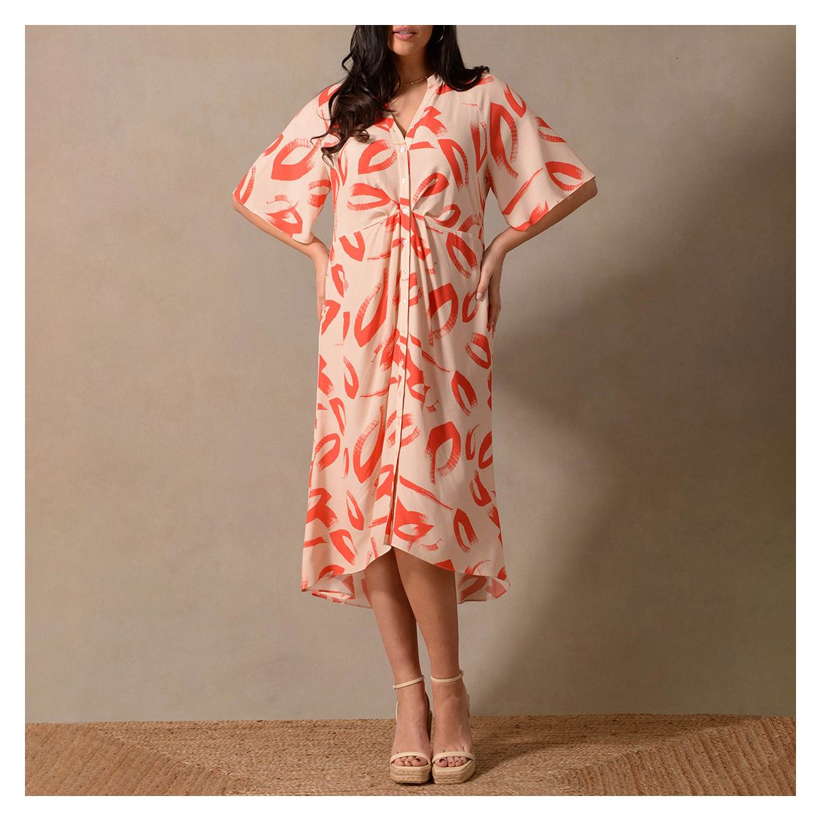 Red Brushstroke Print Ruched Front Shirt Dress main product photo