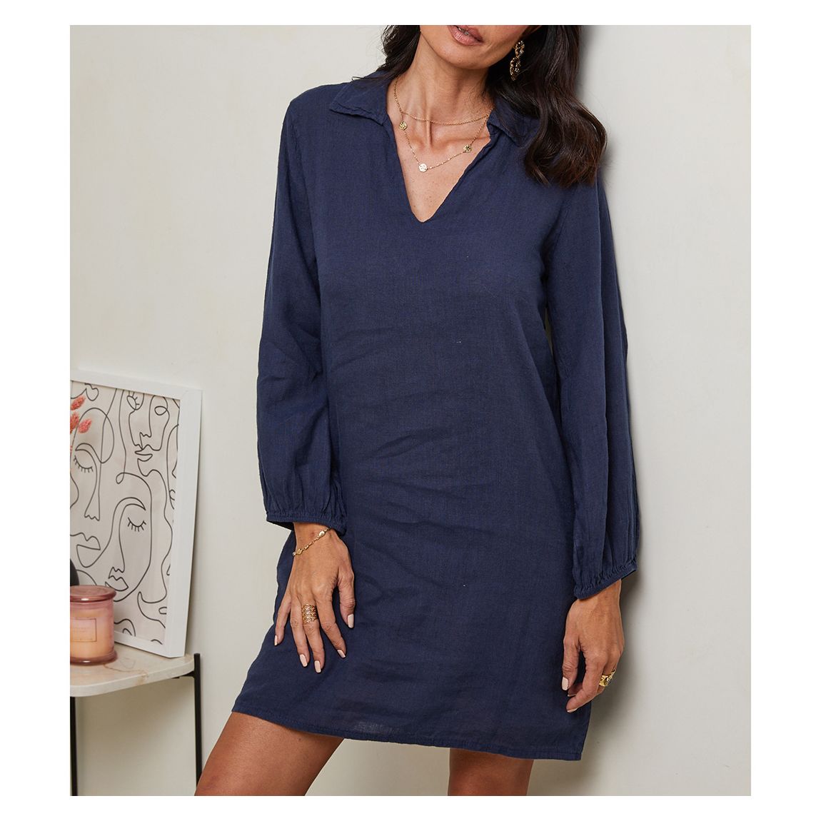 Navy V-Neck Linen Mini Dress main product photo
