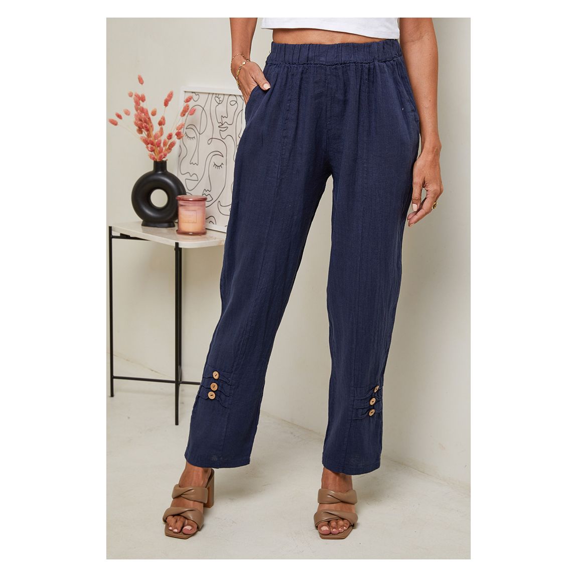 Navy Elasticated Linen Trousers main product photo