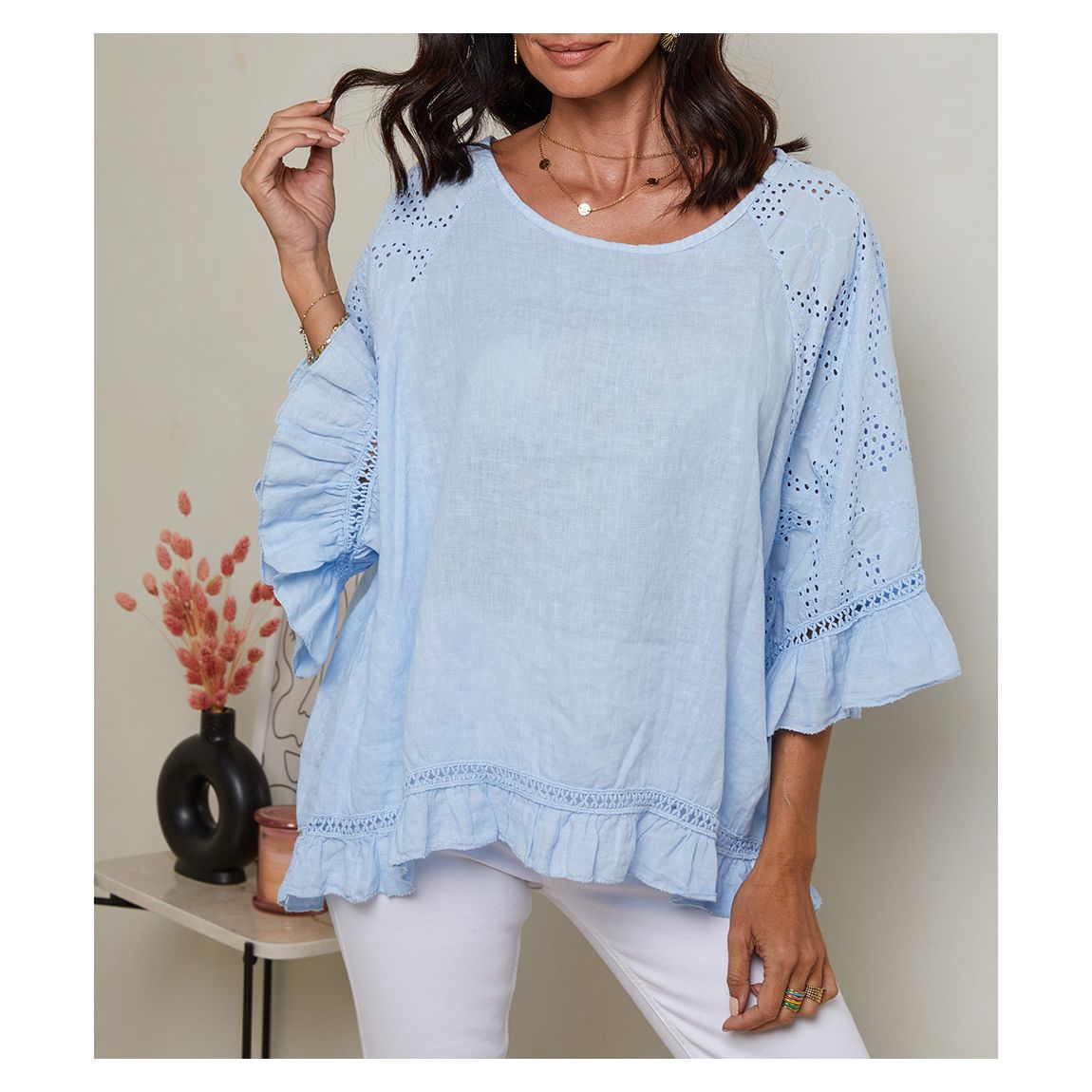 Pale Blue Frill Linen Top main product photo