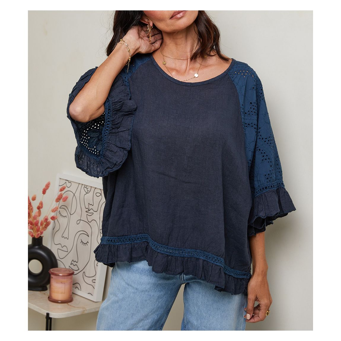Navy Frill Linen Top main product photo