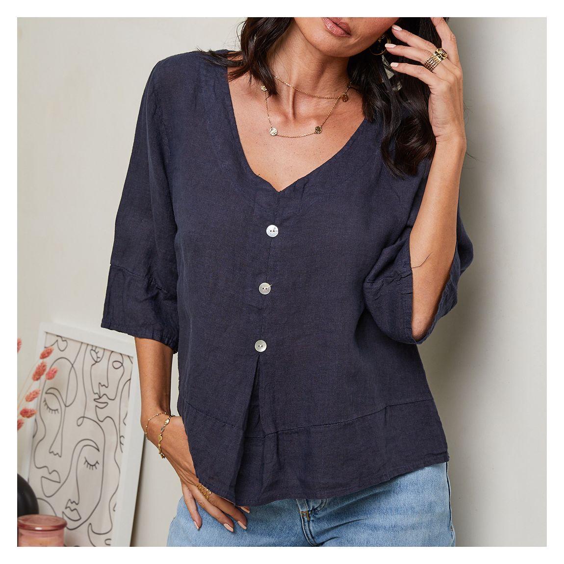 Navy Linen Blouse main product photo
