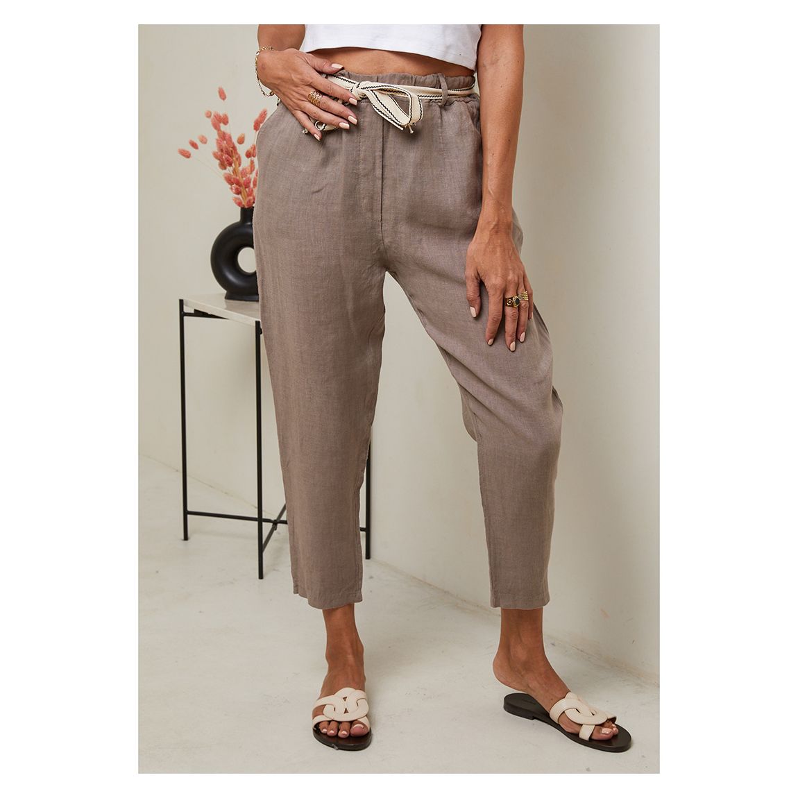 Brown Tie Waist Linen Trousers main product photo