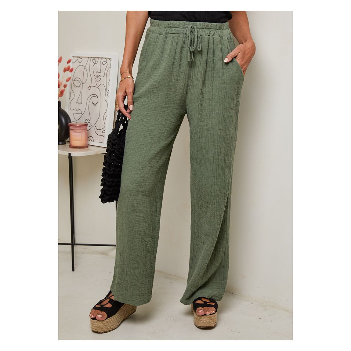 Khaki Textured Linen Trousers main product photo