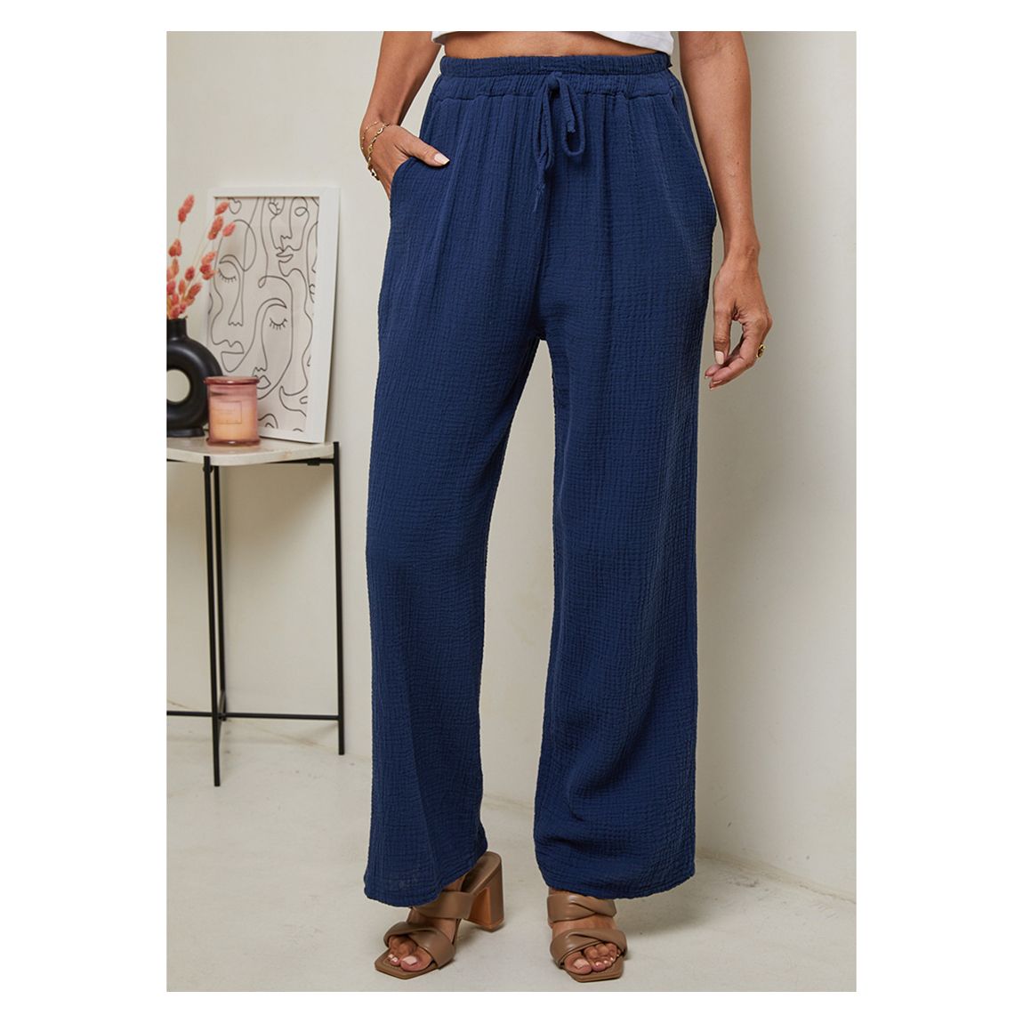 Navy Textured Linen Trousers main product photo