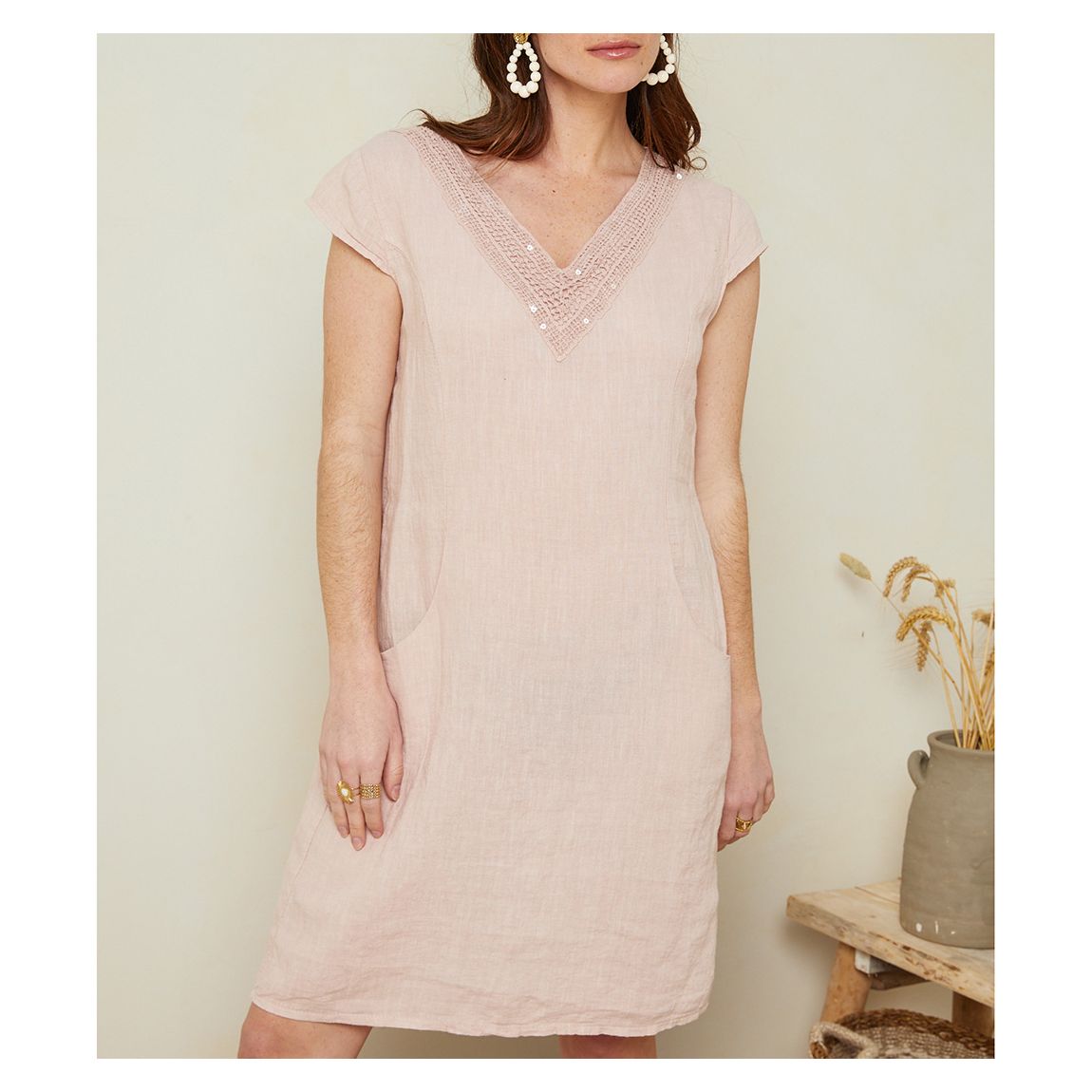 Pale Pink V-Neck Linen Mini Dress main product photo