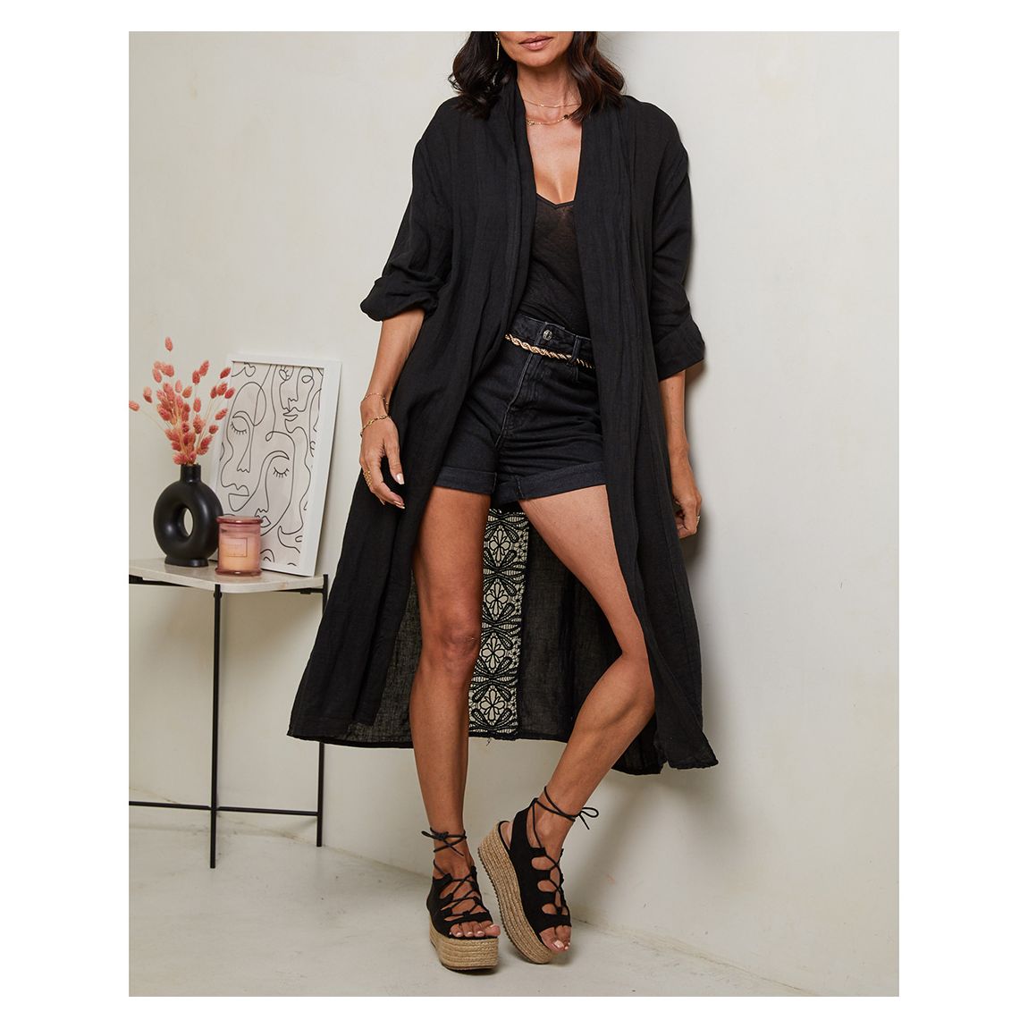 Black Linen Kimono main product photo