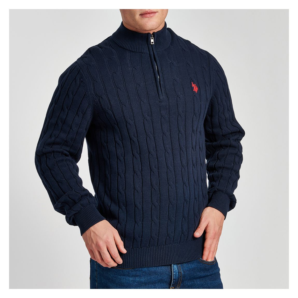 Navy Cable Knit Half Zip Cotton Jumper main product photo