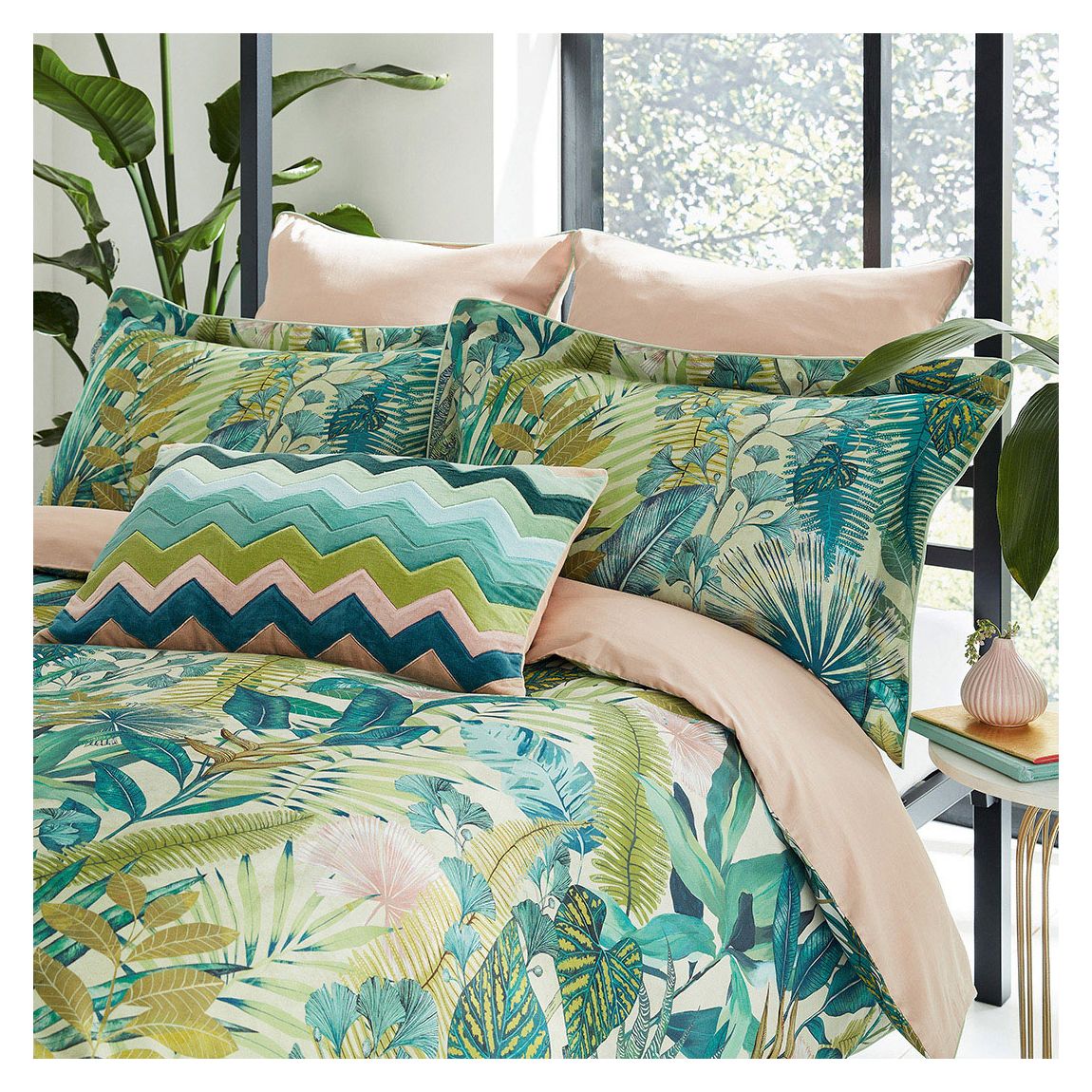 Floreana Square Pillowcase, Fig Leaf & Coral main product photo