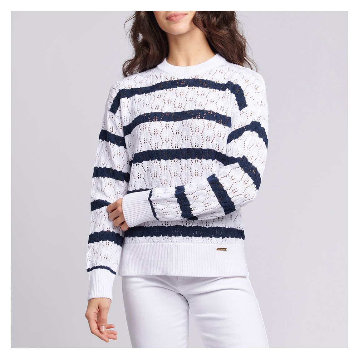 White/Navy Stripe Pointelle Cotton Blend Jumper main product photo