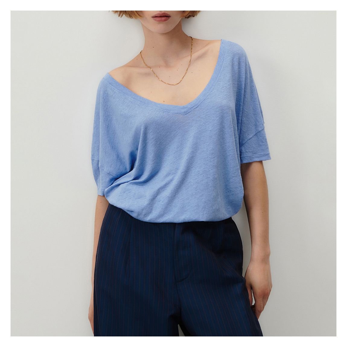 Pale Blue Pobsbury V-Neck Linen T-Shirt main product photo
