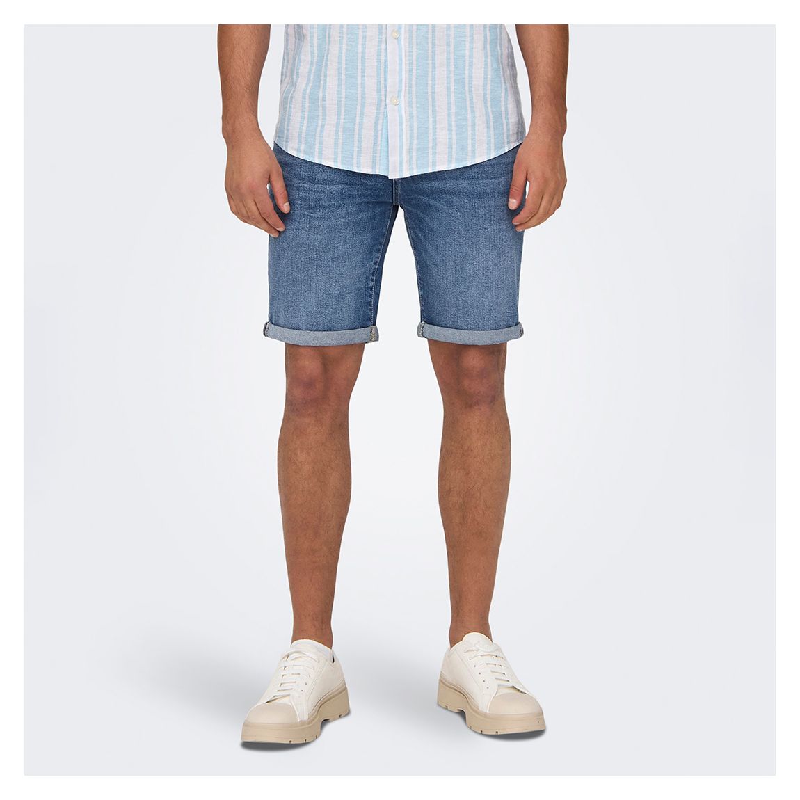 Light Blue Denim Cotton Blend Shorts main product photo