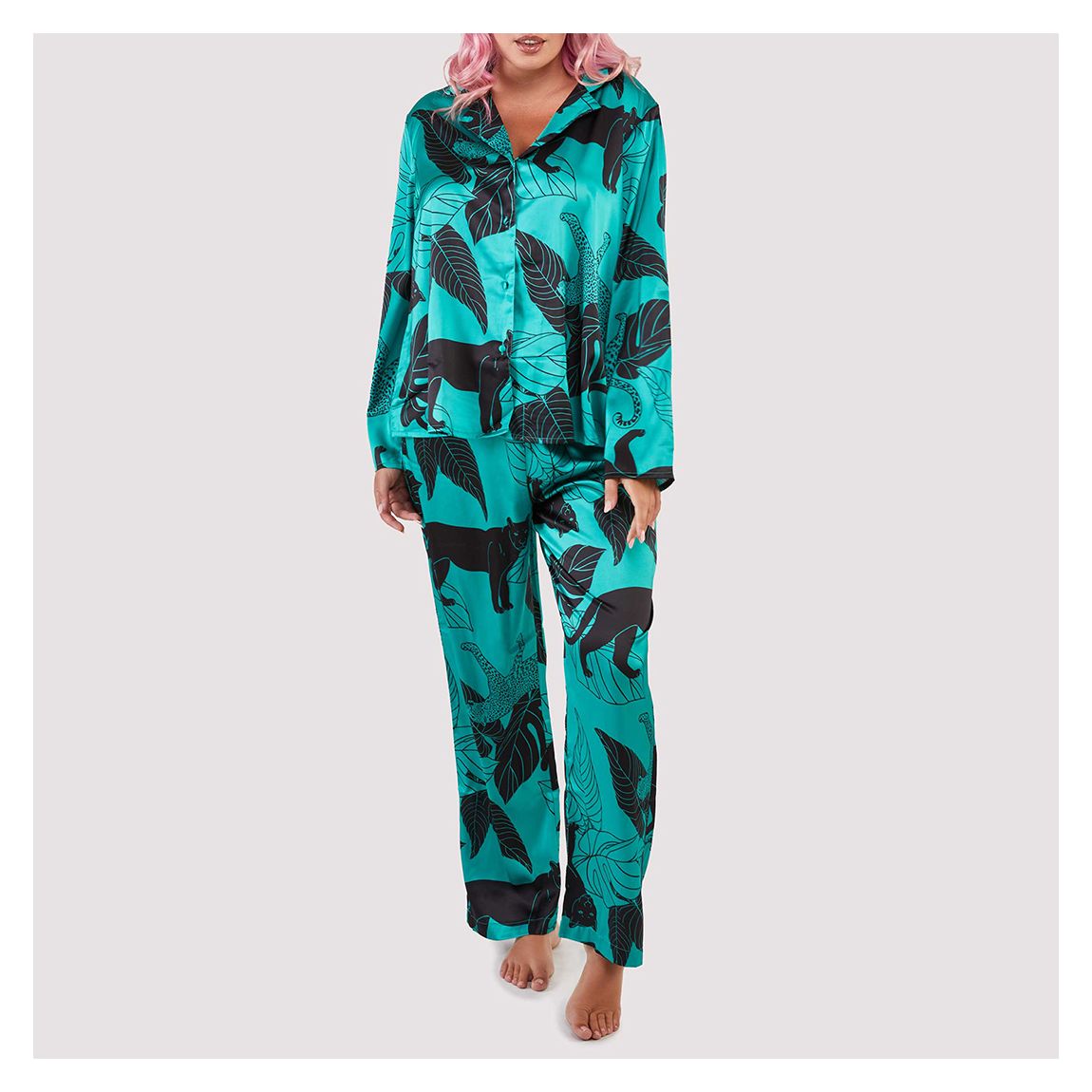 Green Panther Print Satin Pyjama Set main product photo