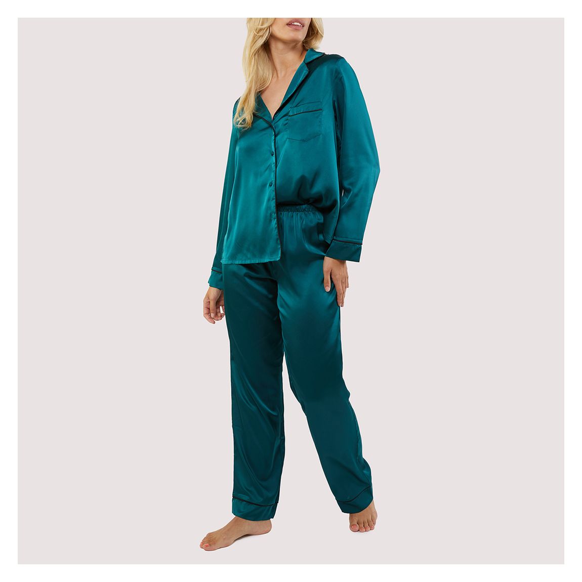 Teal Satin Piping Pyjama Set main product photo