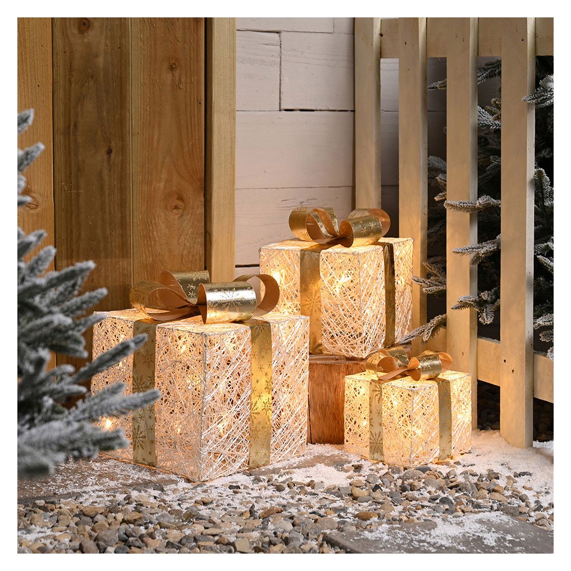 Set of 3 White & Gold Presents - Battery Operated main product photo