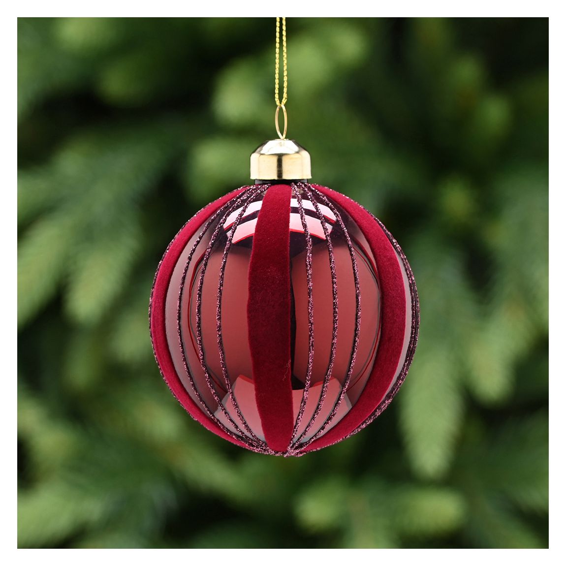 Set of 6 Glass Burgundy with Stripes Tree Decorations main product photo