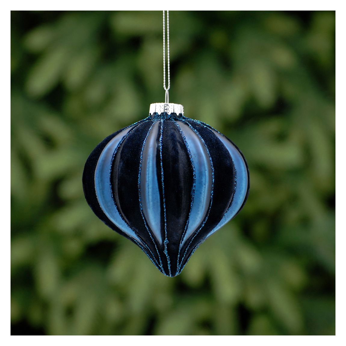 Set of 6 Glass Navy Flocked Segments Onion Tree Decorations main product photo