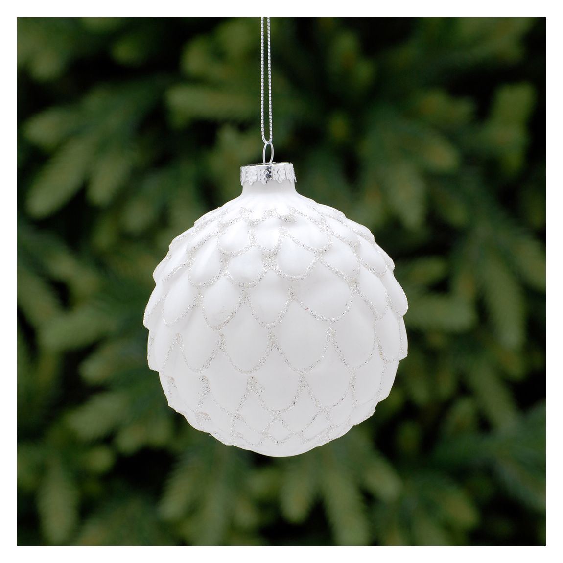 Set of 6 Glass White & Silver Pinecone Tree Decorations main product photo